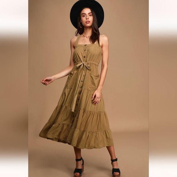 NWT - Free people - Catch the Breeze Tan Button-Front Tiered Midi Dress - Picture 1 of 5